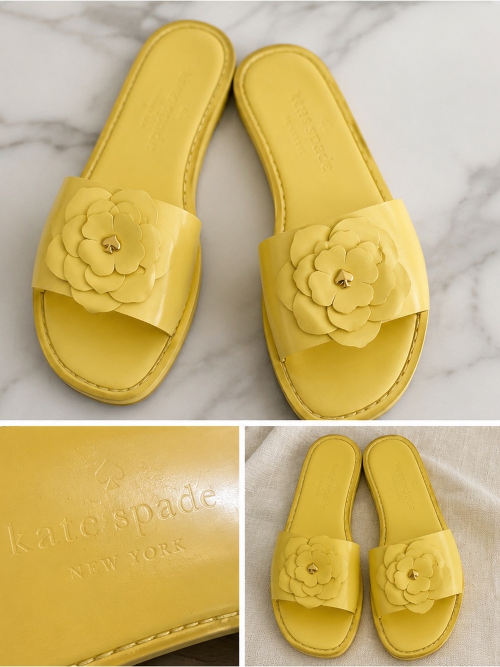 kate spade Yellow Floral Leather Slide Sandals